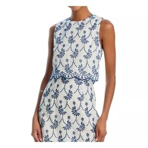AQUA Embroidered Layered dress‎ Sleeveless Floral Cotton White Blue XXL